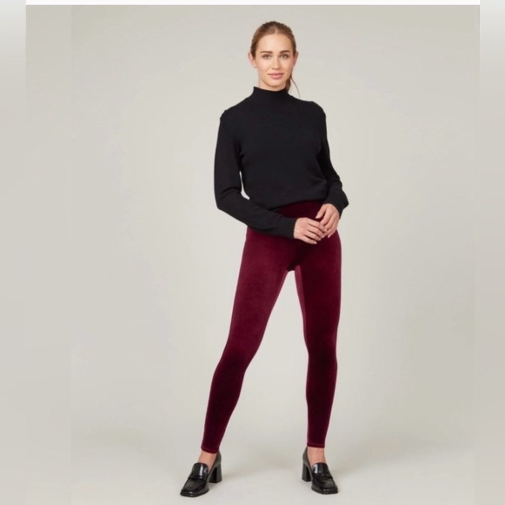 SPANX High Waist Stretch Velvet Leggings in Rich Burgundy M